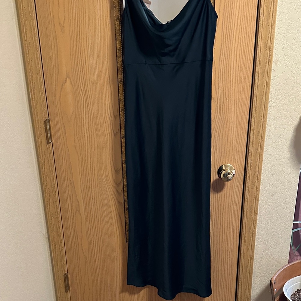 Sleeveless dark green satin slip dress cowl neck